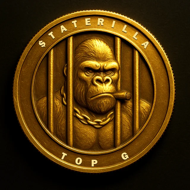 The $TATERILLA coin: Andrew Taterilla in close-up behind bars, struck in gold